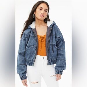 Aéropostale Sherpa Lined Denim Hoodie Jacket Medium Cozy 90s Y2K‎ Style